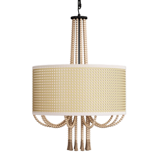 5-Light Boho Rattan Pendant Light with Wood Bead Tassels