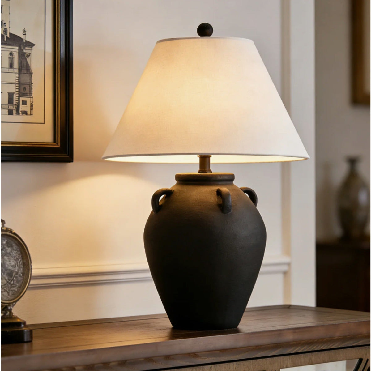 Rustic Dimmable Ceramic Table Lamp with White Shade