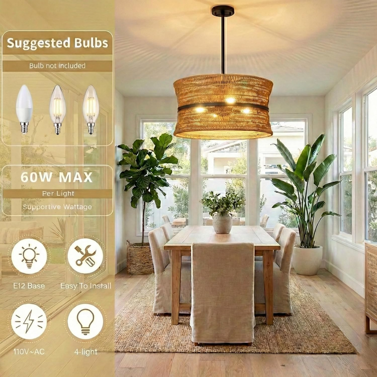 4-Light Coastal Rattan Pendant Light