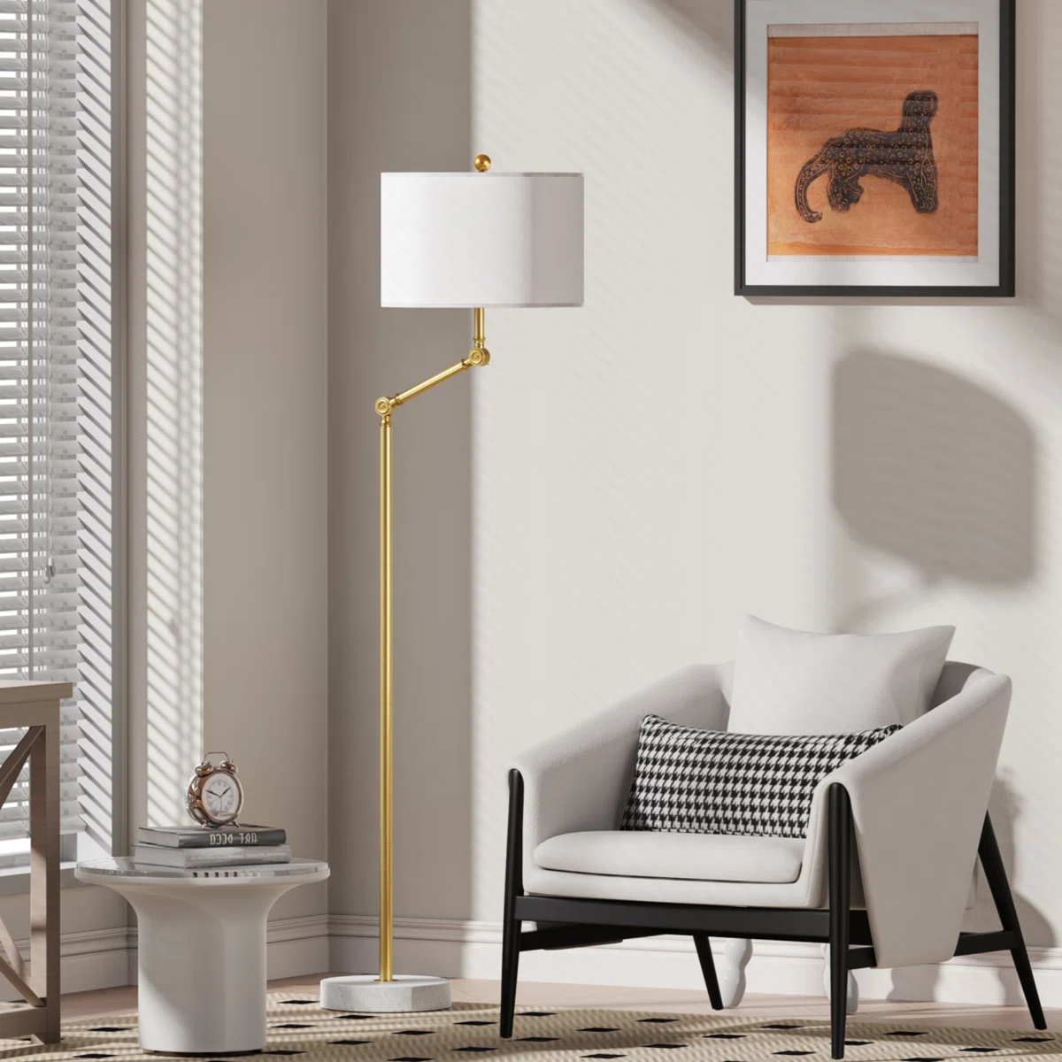 64" Dimmable Modern Floor Lamp With White Fabric Shade and Marble Base