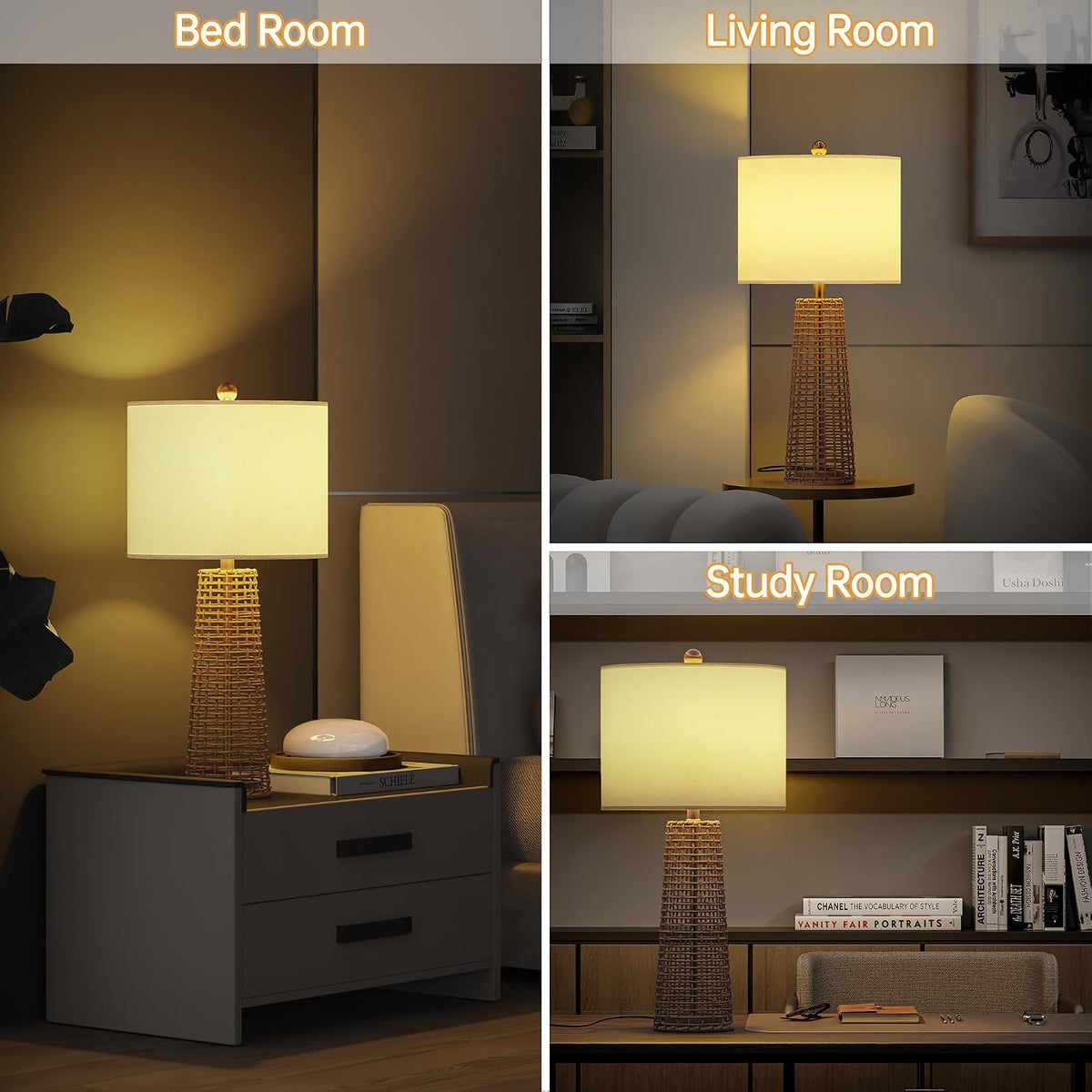 Boho Rattan Table Lamps with Linen Shades, Set of 2