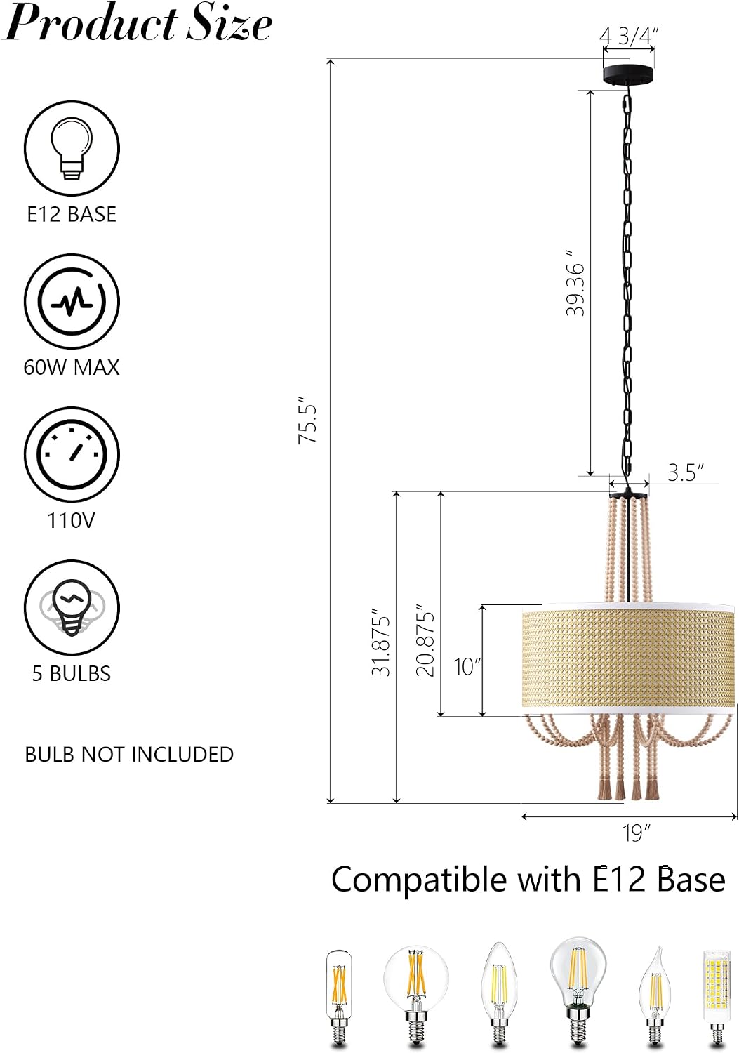 5-Light Boho Rattan Pendant Light with Wood Bead Tassels