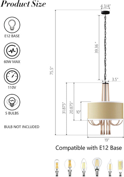 5-Light Boho Rattan Pendant Light with Wood Bead Tassels