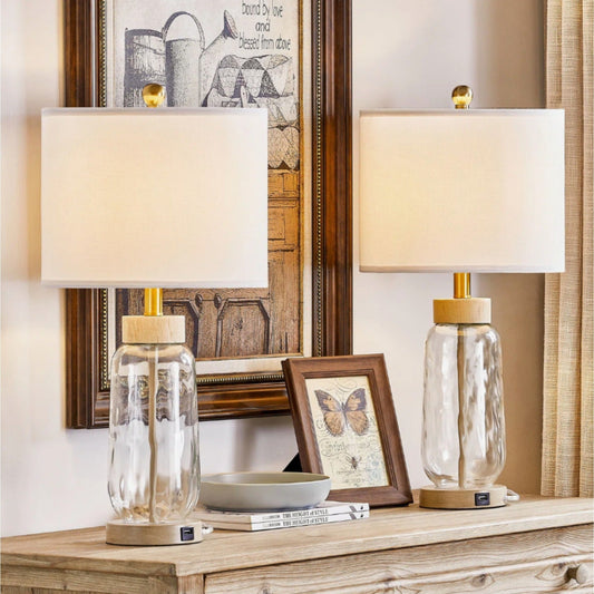 Bohemian Dimmable Table Lamp with White Linen Drum Shade, Set of 2