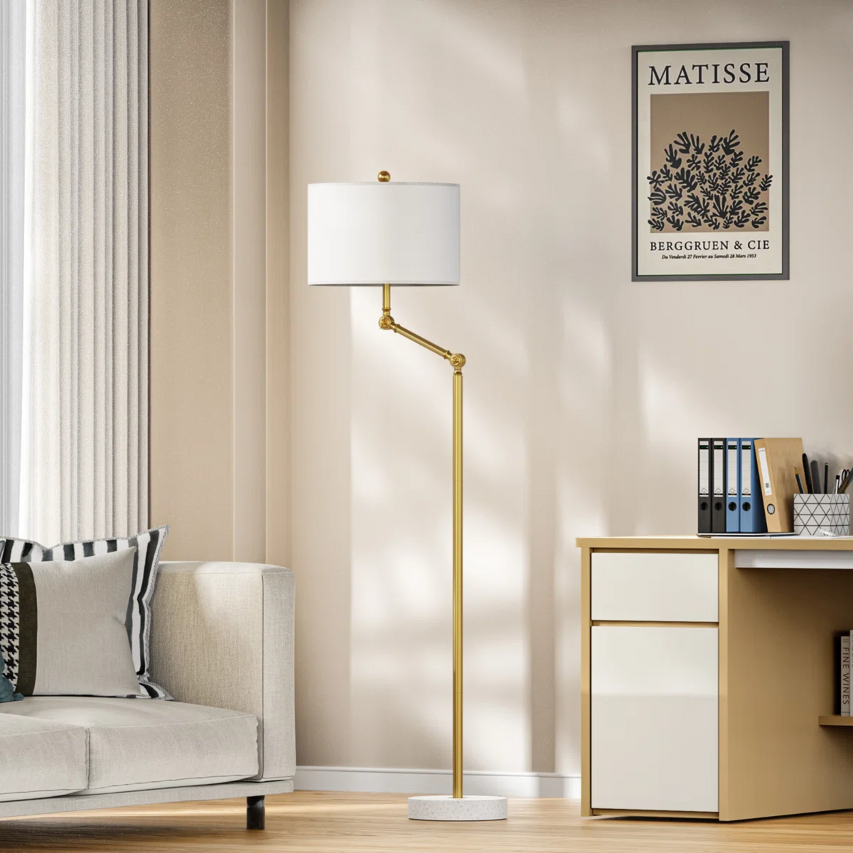 64" Dimmable Modern Floor Lamp With White Fabric Shade and Marble Base
