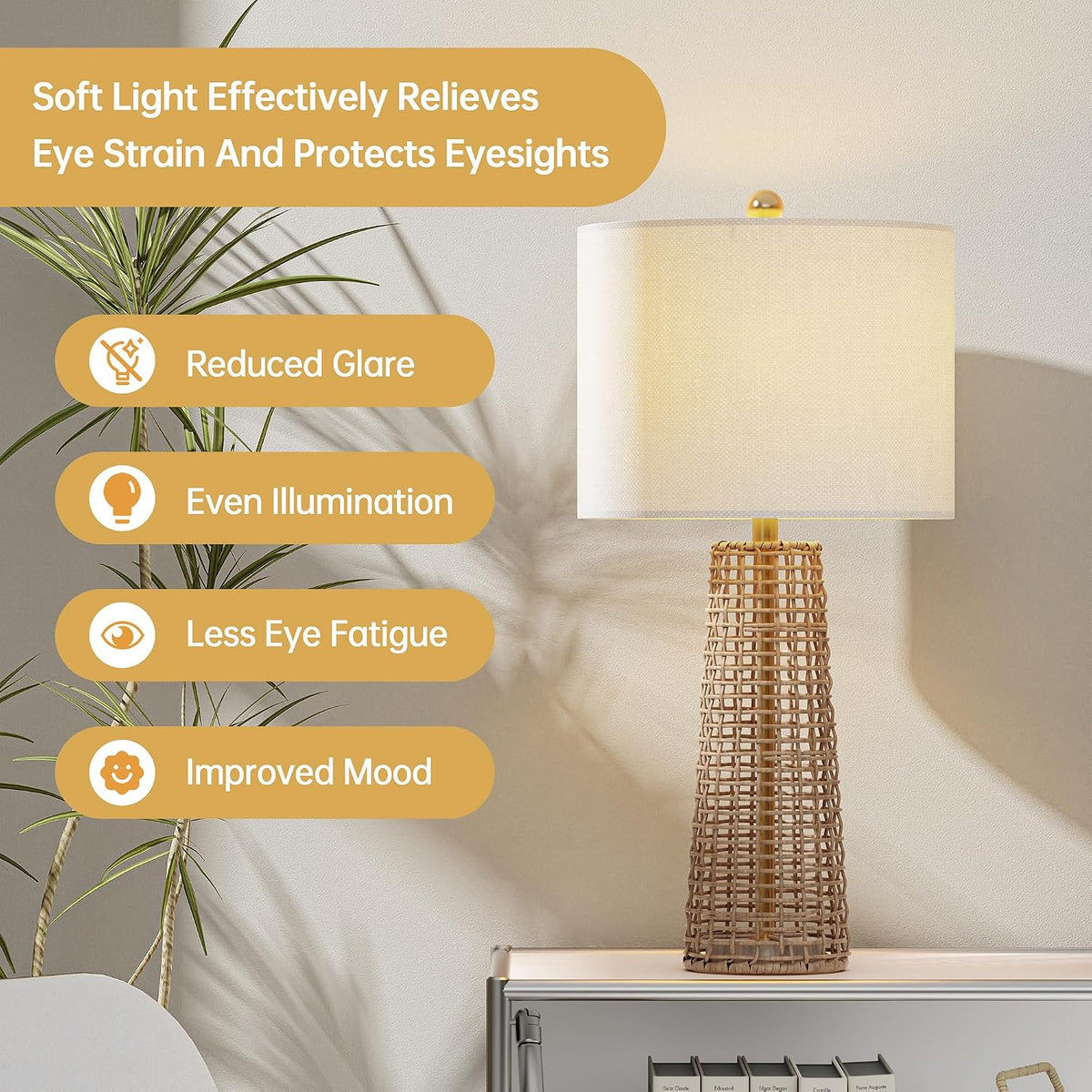 Boho Rattan Table Lamps with Linen Shades, Set of 2
