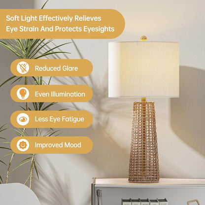 Boho Rattan Table Lamps with Linen Shades, Set of 2